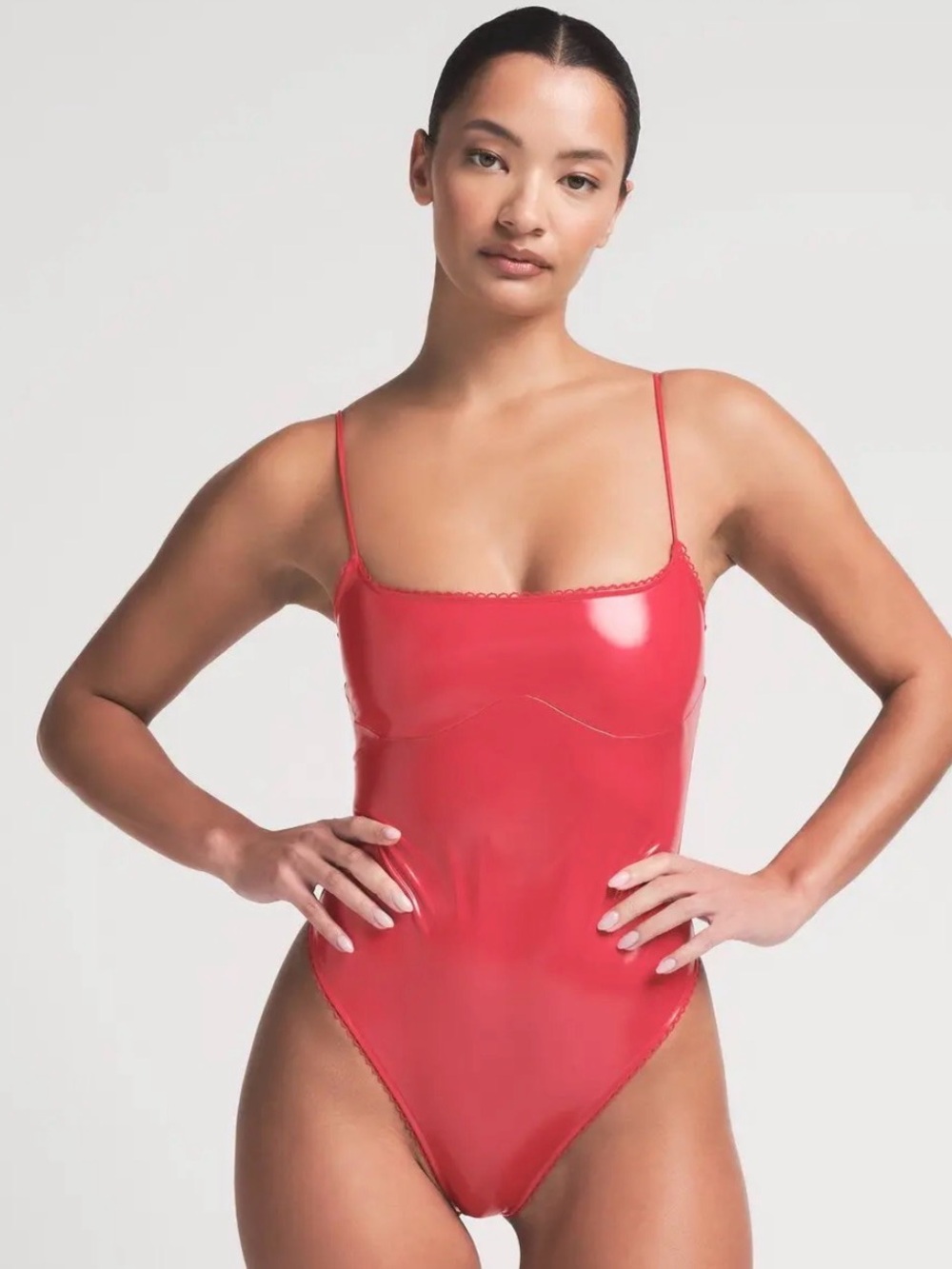 SKIMS Red Vinyl Thong Bodysuit
